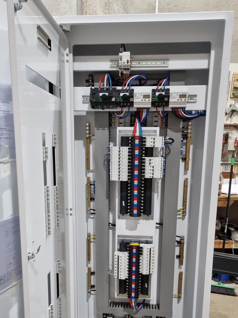 Switchboard wired out with breakers and terminal rails