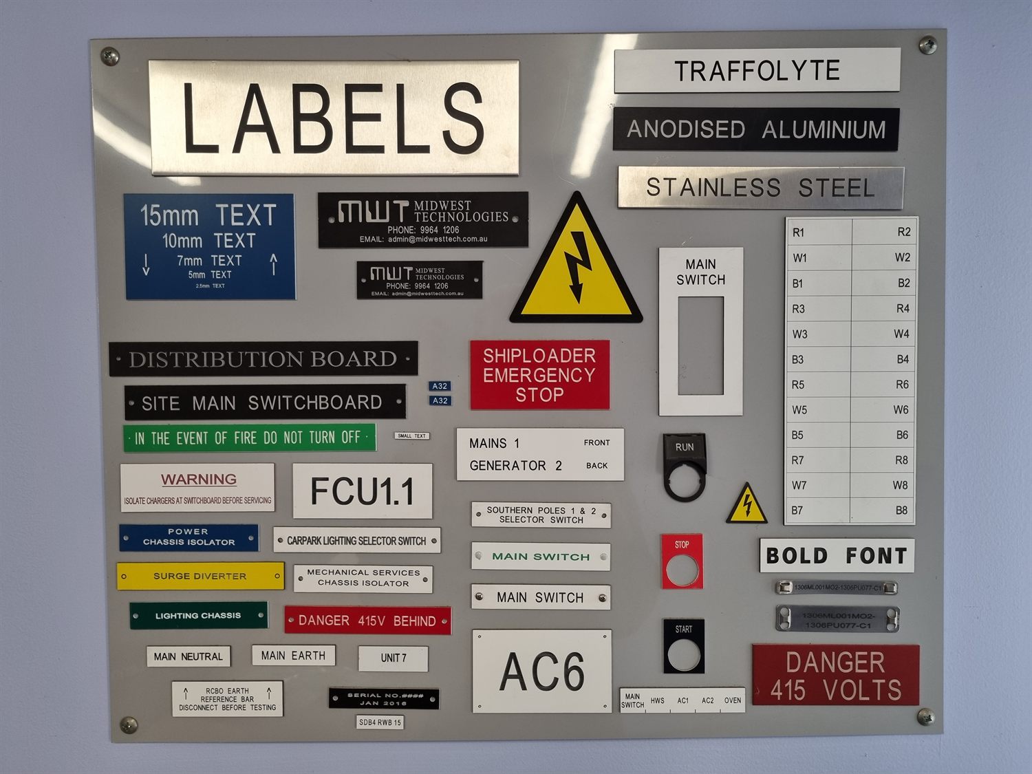 Engraved Traffolyte and metal switchboard labels sample board